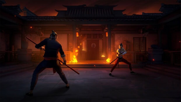 Two warriors practicing martial arts with staffs in a fiery dojo setting