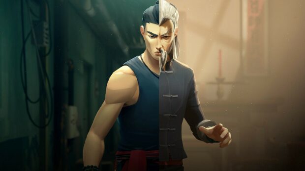 Young martial artist and wise master split face representing Sifu character development