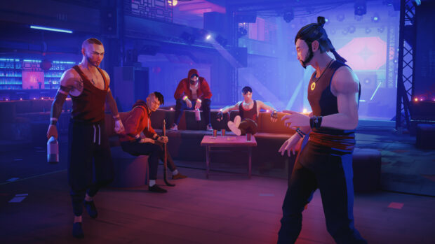 A group of fighters gathering in a neon lit club scene featuring a focused martial artist