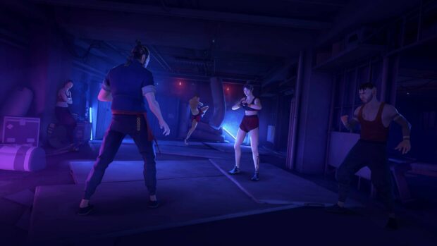 A group of fighters training in a dimly lit underground gym Sifu