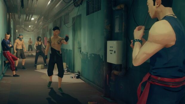 A martial arts confrontation scene featuring sifu in a dimly lit corridor