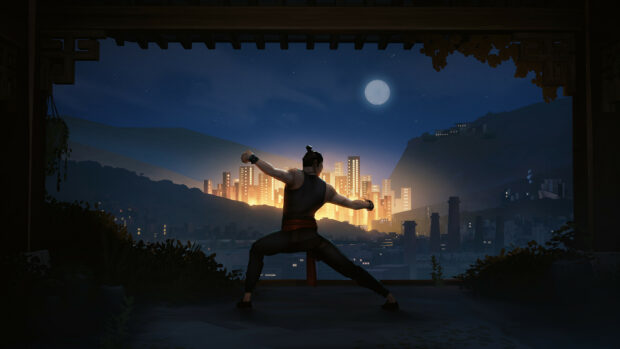 A martial arts master practicing stances with city lights at night as the backdrop