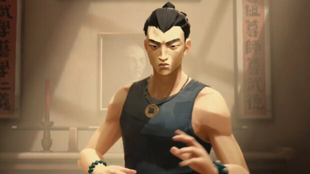 A focused man practicing martial arts in a training room with traditional decor