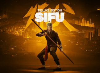 A martial arts master wielding a staff in a fighting stance in a cityscape at night