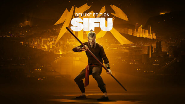 A martial arts master wielding a staff in a fighting stance in a cityscape at night