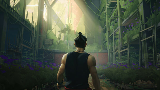 A muscular character with a top knot stands in a lush overgrown building filled with purple flowers and scaffolding