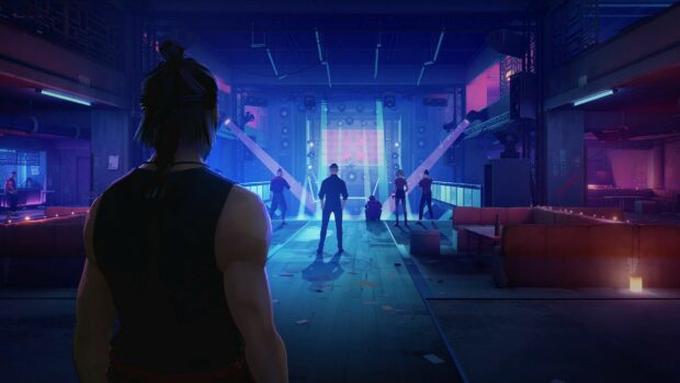A muscular man with a topknot looks at a group of people in a neon lit underground club
