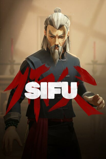 A wise sifu with a gray beard and hair poses in a traditional outfit