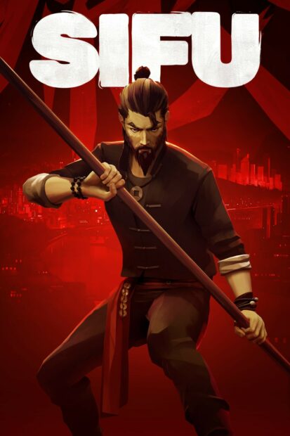 A martial artist holding a wooden staff in a fierce pose wearing traditional attire in a red cityscape background