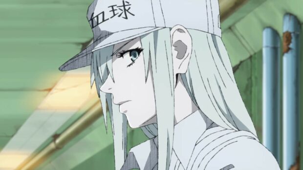 The white blood cell in Cells At Work Code Black shows a serious expression in a detailed setting, HD Desktop Wallpaper