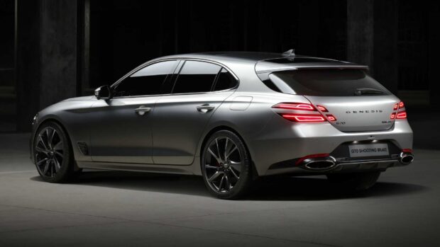 The Genesis Wallpapers silver car is shown from the rear with illuminated tail lights, HD Desktop Wallpaper