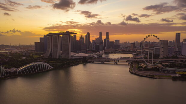 Singapore skyline with Marina Bay Sands and Singapore Flyer during sunset in 4K quality