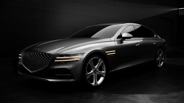 A sleek Genesis car shines in a dark showroom with glowing lights, HD Desktop Wallpaper