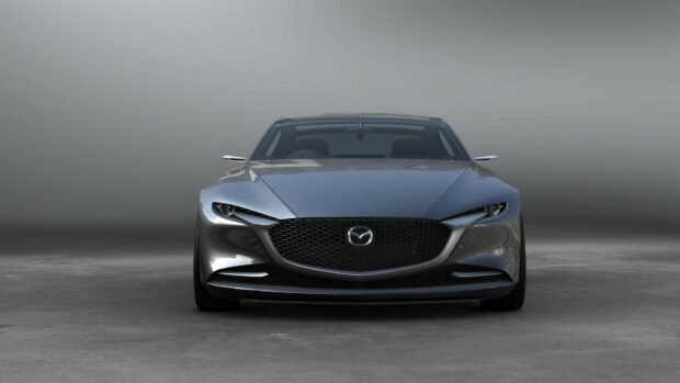 A sleek Mazda car front view shows its modern and elegant design in a minimalistic setting, 4K Desktop Wallpaper