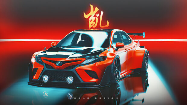 Futuristic orange and black sports car with aggressive aerodynamic design and racing modifications on a reflective floor with red background and neon effects.