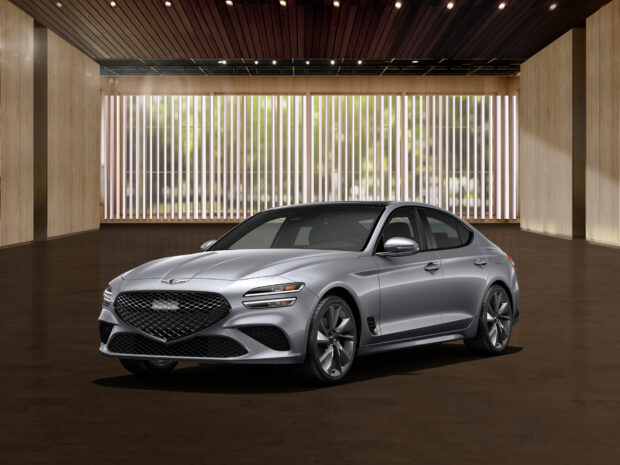 A silver Genesis car is displayed inside a contemporary showroom with wooden and light panel walls, HD Desktop Wallpaper