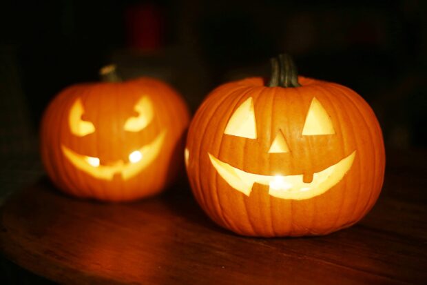 Two smiling carved pumpkins glow warmly on a wooden surface for Halloween celebrations, 2K Desktop Wallpaper