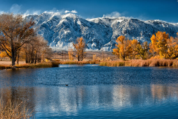 The snowy mountain range reflects perfectly in the calm blue lake surrounded by autumn trees, HD Desktop Wallpaper