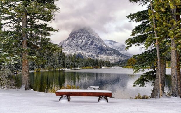 A peaceful lake with snow covered trees and a mountain in Montana Wallpapers, HD Desktop Wallpaper