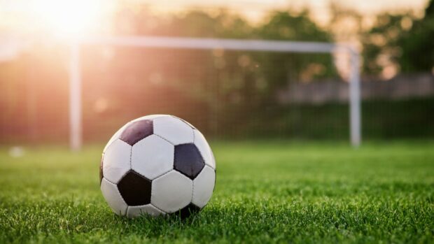 Classic soccer ball on green grass in a bright soccer field