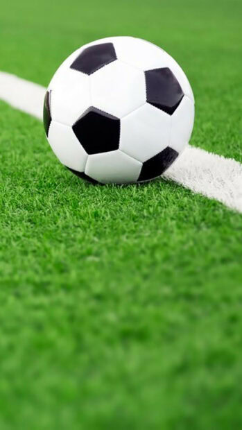 A classic soccer ball resting on green grass near a white field line on a soccer pitch