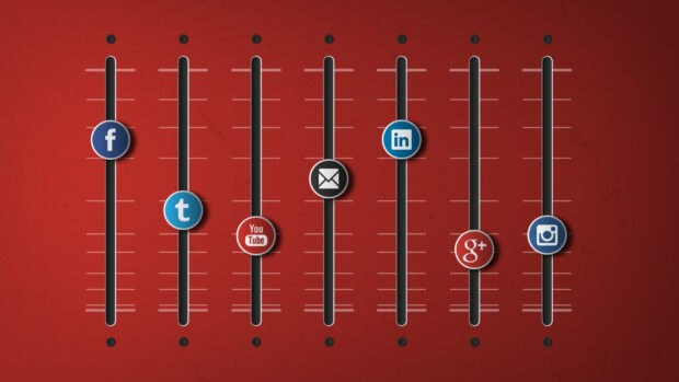 The image shows social media icons on sliders representing control and interaction with Instagram Wallpapers theme, HD Desktop Wallpaper