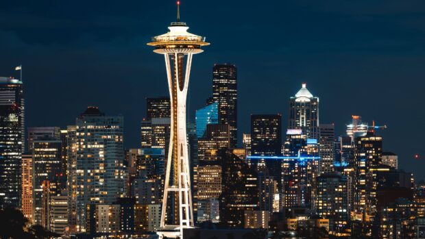 Nighttime cityscape with Space Needle in view of Seattle skyline