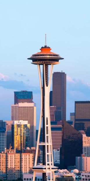 A stunning view of Space Needle in the Seattle cityscape at sunset with clear skies