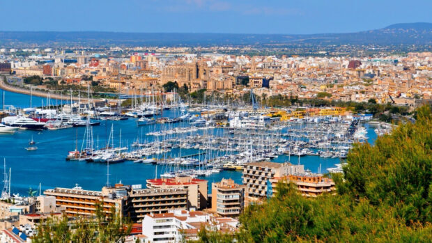 The Spain Wallpapers show a vibrant harbor filled with boats and city buildings in the background, HD Desktop Wallpaper
