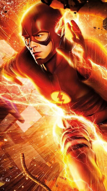A super hero using speed force in a dynamic action pose with lightning effects, 4K Phone Wallpaper