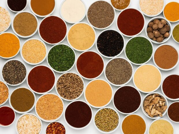 Various spices arranged neatly in white bowls showing diverse spice flavors