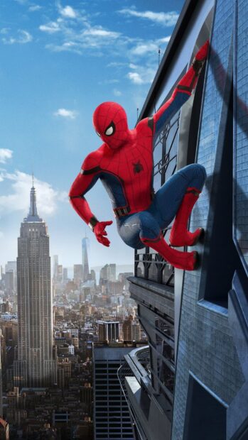 Spider Man Tom Holland is climbing the side of a skyscraper in the city, HD Mobile Wallpaper