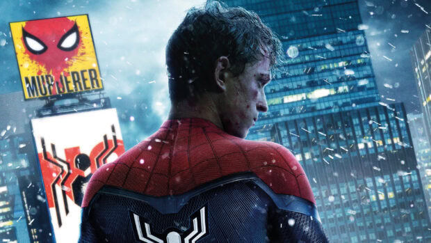 Spider Man Tom Holland stands with a serious expression in a rainy city, 2K Desktop Wallpaper