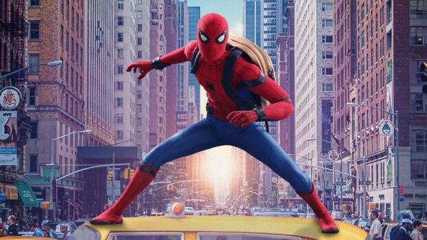 Spider Man Tom Holland is crouching on a yellow taxi in the city, HD Desktop Wallpaper
