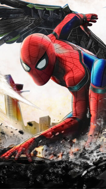 Spider Man Tom Holland is crouched in an action pose with a city background, HD Mobile Wallpaper