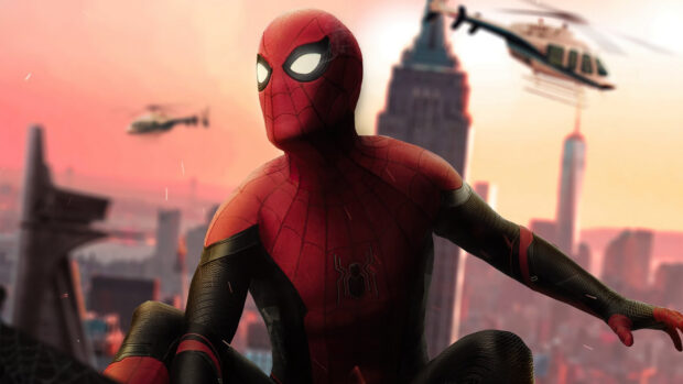 Spider Man Tom Holland crouches with a cityscape and helicopters in the background, HD Desktop Wallpaper