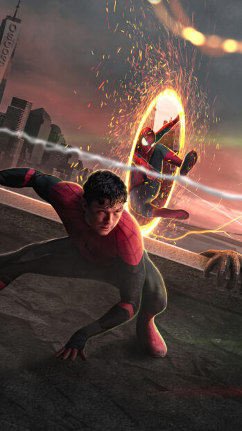 Spider Man Tom Holland swings through a glowing portal in the cityscape, 4K Phone Wallpaper