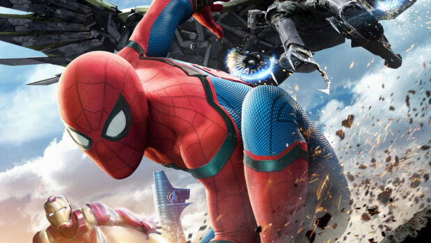 Spider Man Tom Holland battles a flying enemy with Iron Man in the background, 4K Desktop Wallpaper