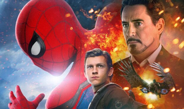 Spider Man Tom Holland wallpapers features the hero with intense expressions and fiery background, Desktop Wallpaper