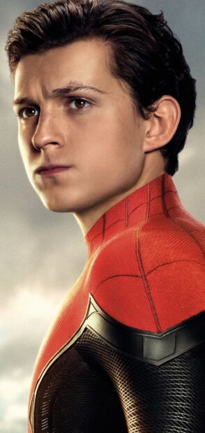 A close up of Spider Man Tom Holland looking serious in his suit, 2K Mobile Wallpaper