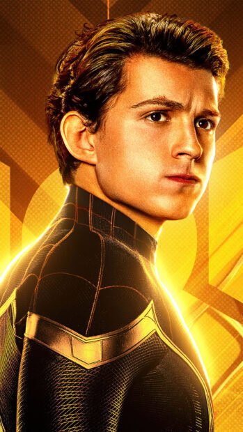 A close up of Spider Man Tom Holland wearing a black and gold suit looking intensely to the side, 4K Wallpaper