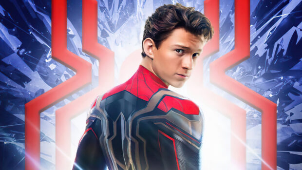 Spider Man Tom Holland faces backward with a glowing spider symbol behind, 4K Desktop Wallpaper