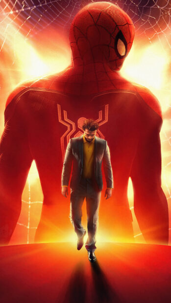 A man walks with Spider Man in the background glowing in orange light, 4K Mobile Wallpaper