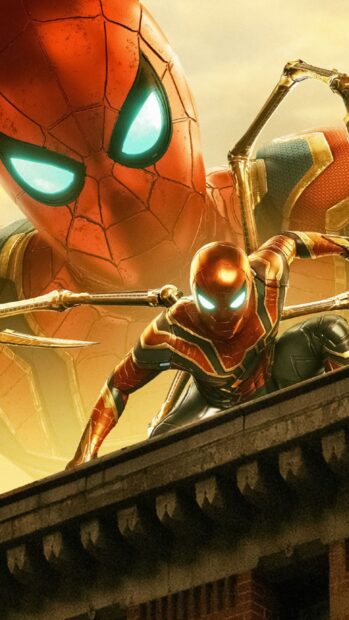 Spider Man Tom Holland wears the Iron Spider suit crouching on a rooftop with glowing eyes, 2K Mobile Wallpaper