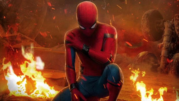 Spider Man Tom Holland is kneeling near flames with intense background details, HD Desktop Wallpaper