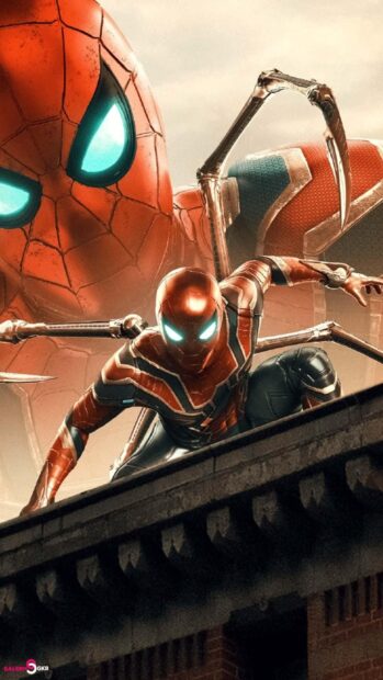 Spider Man Tom Holland crouches on a rooftop with glowing eyes and mechanical arms, HD Mobile Wallpaper