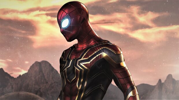 Spider Man Tom Holland stands with glowing eyes in detailed armor suit at sunset, 4K Desktop Wallpaper