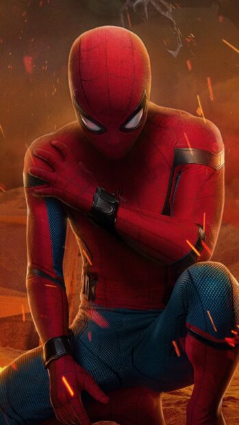 Spider Man Tom Holland is crouching in a fiery scene with glowing embers around him, HD Mobile Wallpaper