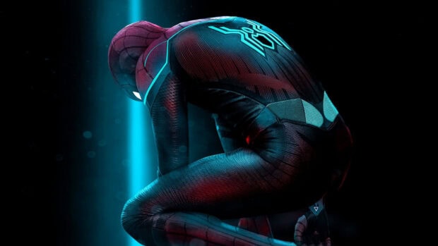 Spider Man Tom Holland in a detailed black suit crouching with blue light, HD Desktop Wallpaper