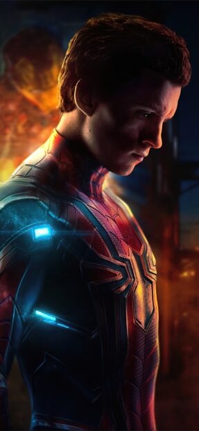Spider Man Tom Holland stands in a detailed suit under glowing lights, 2K Phone Wallpaper